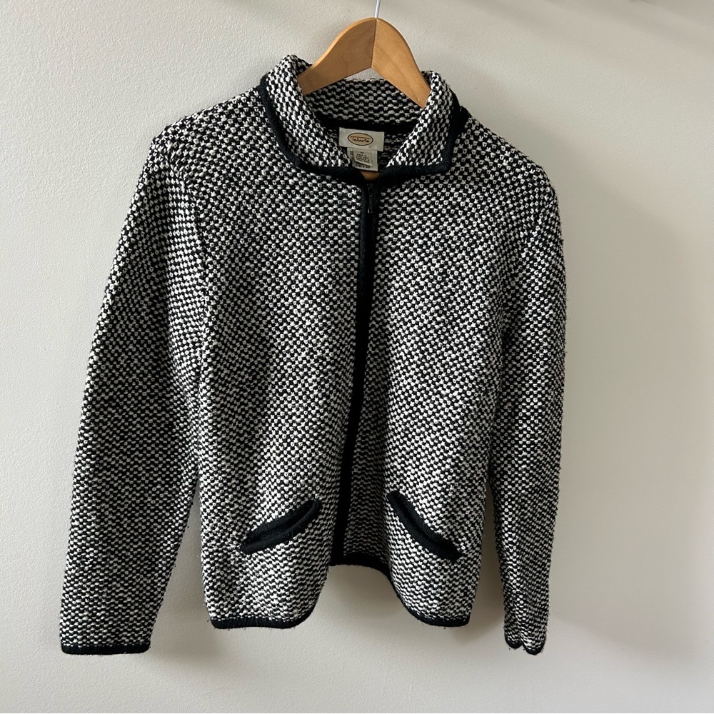 Vintage Talbots Black and White Knit Zip-Up Cardigan/Jacket - Size M